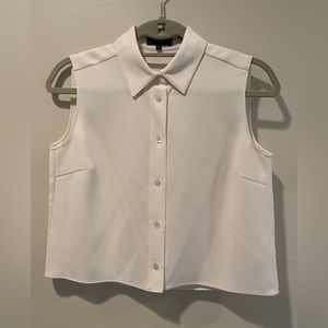 Theory cropped white crepe silk-like sleeveless collared blouse